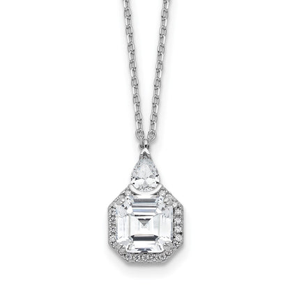 Sterling Silver Rhodium-Plated CZ 16in w/2in Ext. Tear Drop Square Necklace