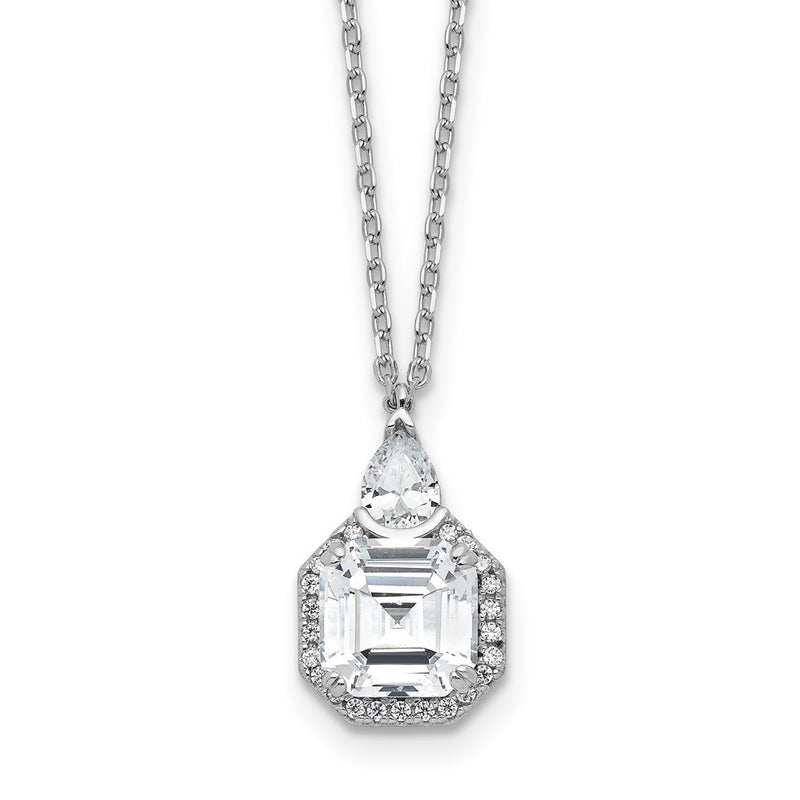 Sterling Silver Rhodium-Plated CZ 16in w/2in Ext. Tear Drop Square Necklace