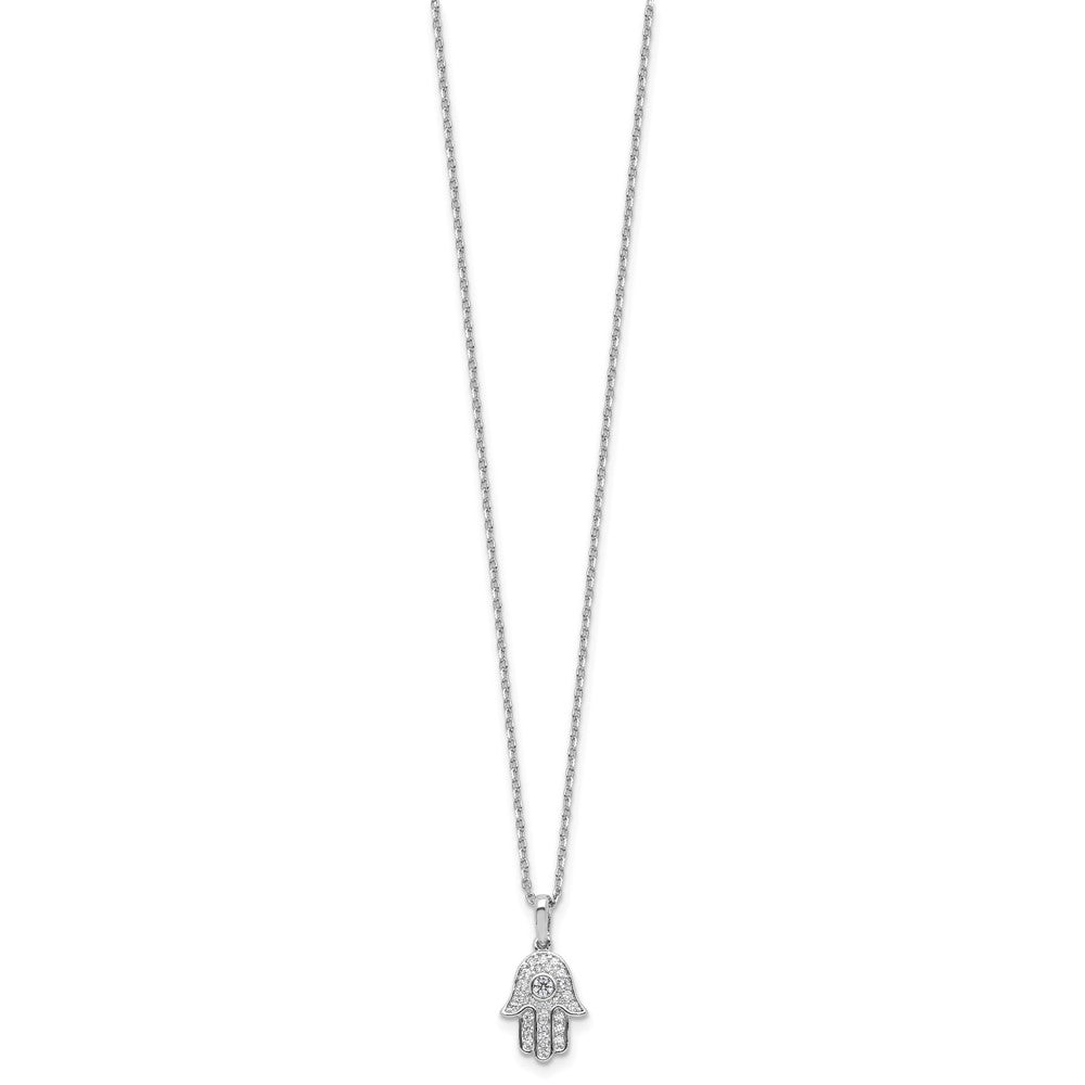 Sterling Silver Rhodium Plated CZ 16in w/2in Ext. Chamseh / Hamsa Necklace