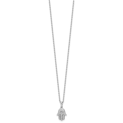Sterling Silver Rhodium Plated CZ 16in w/2in Ext. Chamseh / Hamsa Necklace