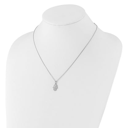 Sterling Silver Rhodium Plated CZ 16in w/2in Ext. Chamseh / Hamsa Necklace