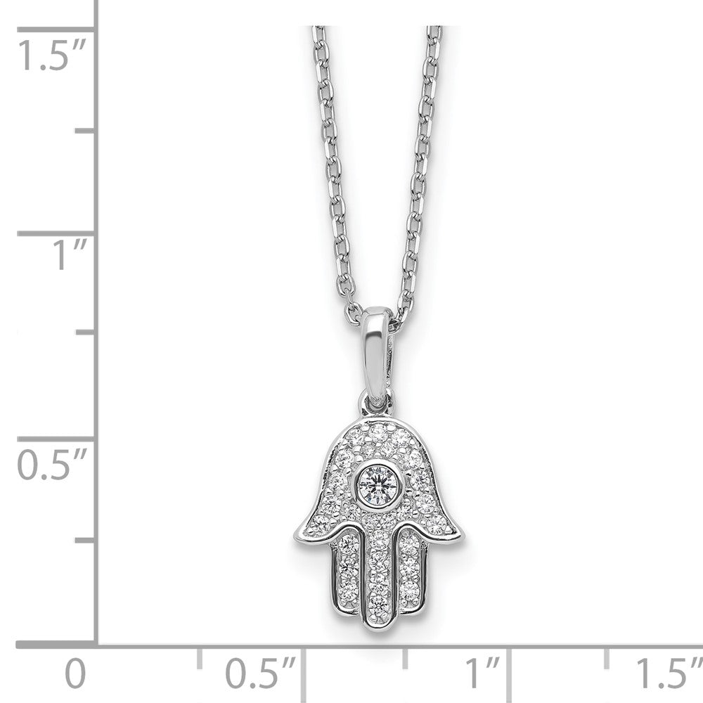 Sterling Silver Rhodium Plated CZ 16in w/2in Ext. Chamseh / Hamsa Necklace