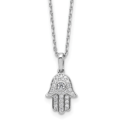 Sterling Silver Rhodium Plated CZ 16in w/2in Ext. Chamseh / Hamsa Necklace