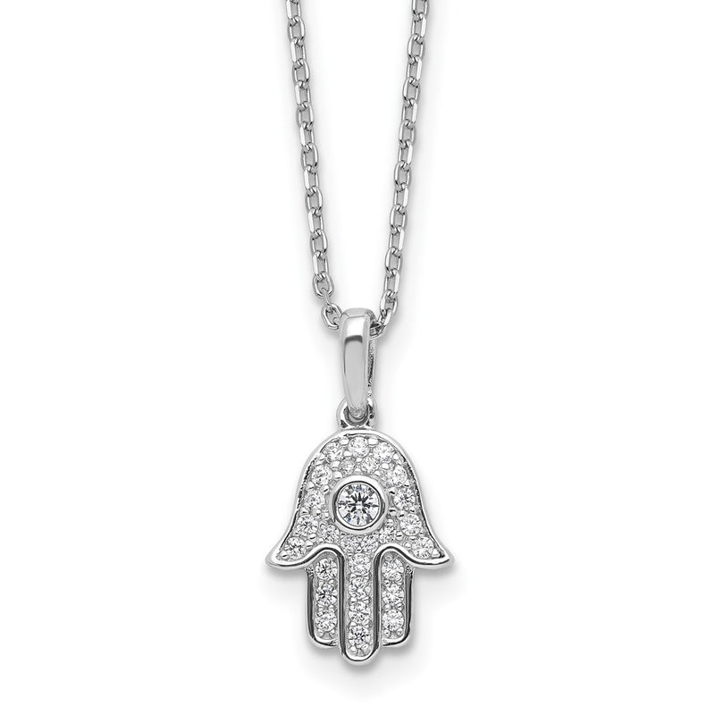Sterling Silver Rhodium Plated CZ 16in w/2in Ext. Chamseh / Hamsa Necklace