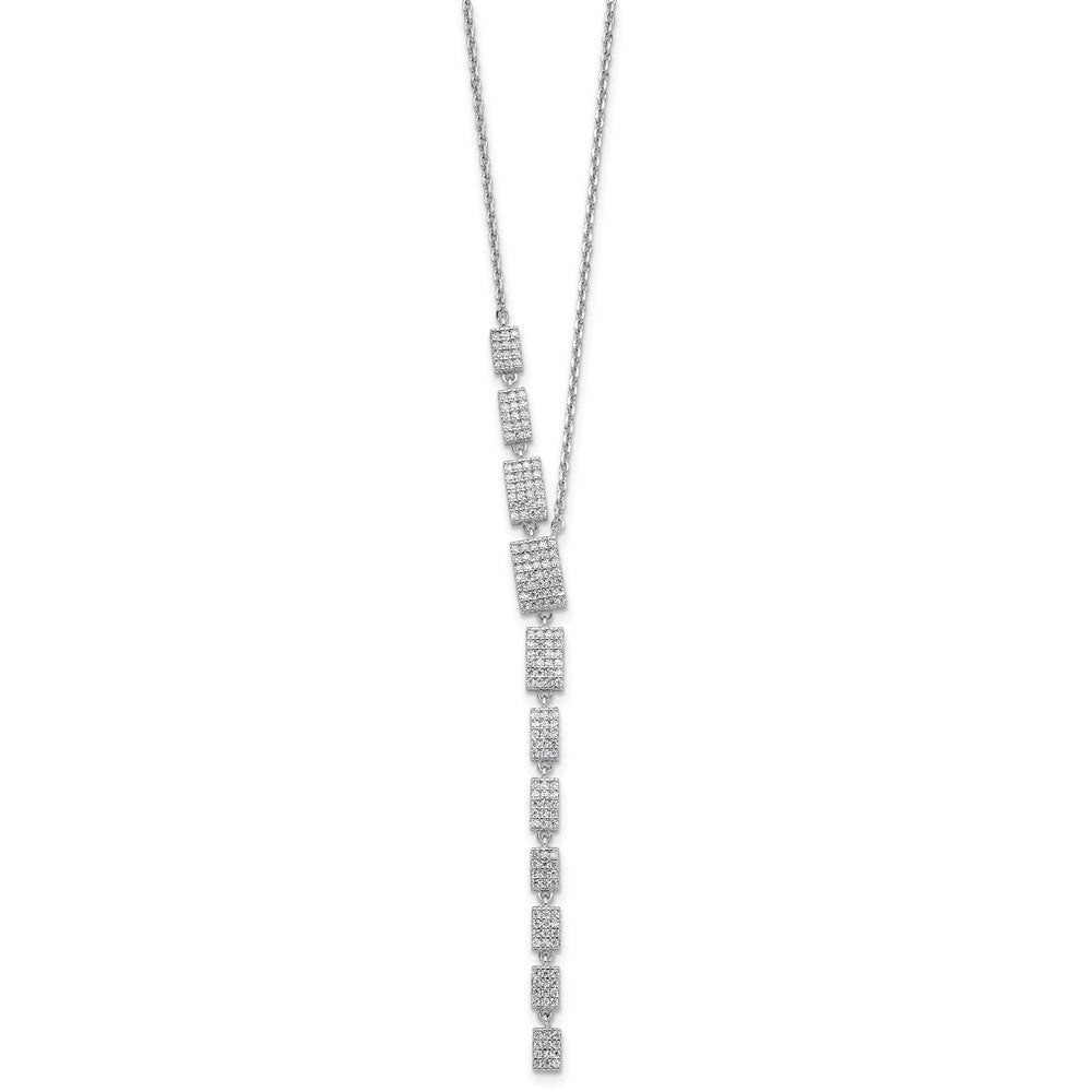 Sterling Silver Rhodium-Plated CZ 16in w/2in Ext. Rectangle Drop Necklace
