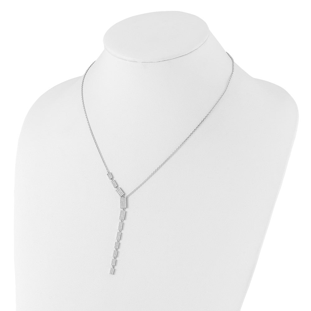 Sterling Silver Rhodium-Plated CZ 16in w/2in Ext. Rectangle Drop Necklace