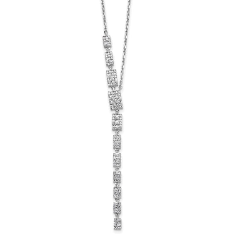 Sterling Silver Rhodium-Plated CZ 16in w/2in Ext. Rectangle Drop Necklace
