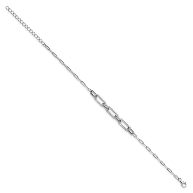 Sterling Silver Rhodium-Plated CZ 7in w/2in Ext. Paperclip Bracelet