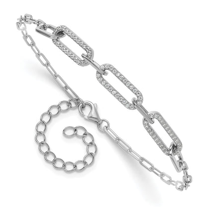 Sterling Silver Rhodium-Plated CZ 7in w/2in Ext. Paperclip Bracelet