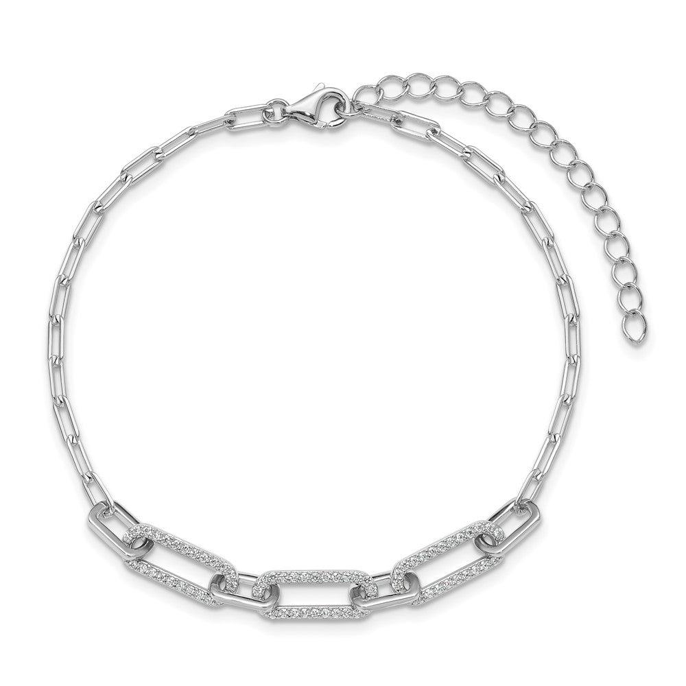 Sterling Silver Rhodium-Plated CZ 7in w/2in Ext. Paperclip Bracelet