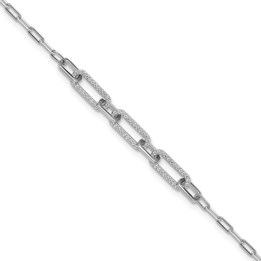 Sterling Silver Rhodium-Plated CZ 7in w/2in Ext. Paperclip Bracelet