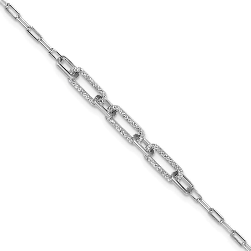Sterling Silver Rhodium-Plated CZ 7in w/2in Ext. Paperclip Bracelet