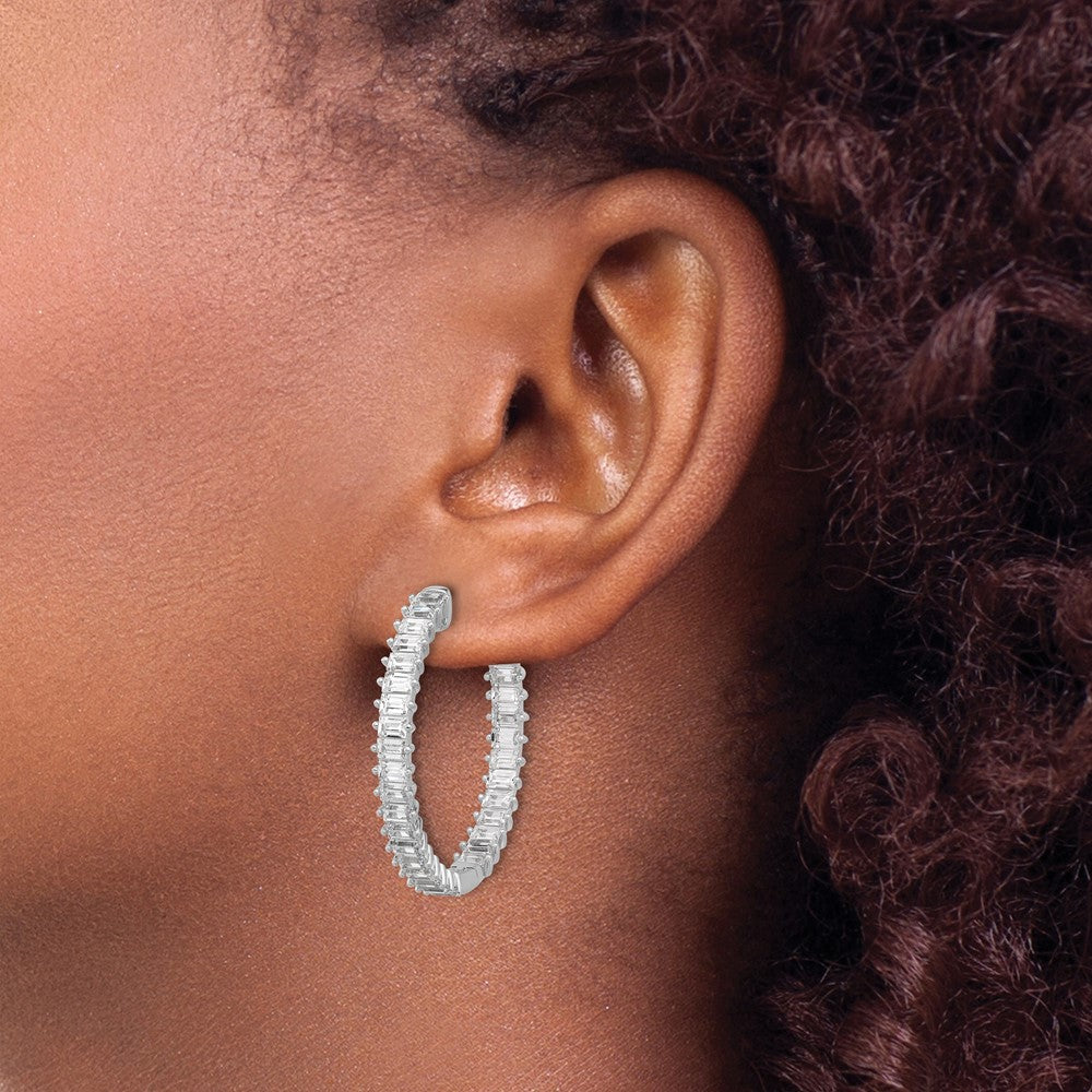 Sterling Silver Rhodium-Plated CZ in and Out Hinged Hoop Earrings