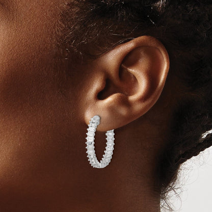 Sterling Silver Rhodium-Plated CZ in and Out Hinged Hoop Earrings