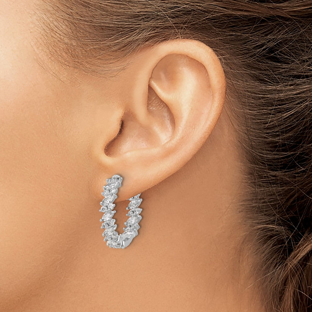 Sterling Silver Rhodium-Plated CZ in and Out Hinged Hoop Earrings
