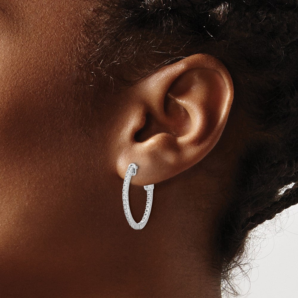 Sterling Silver Rhodium-Plated CZ in and Out Hinged Oval Hoop Earrings