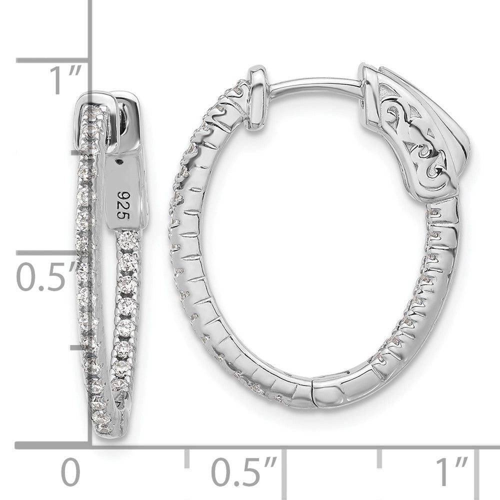 Sterling Silver Rhodium-Plated CZ in and Out Hinged Oval Hoop Earrings