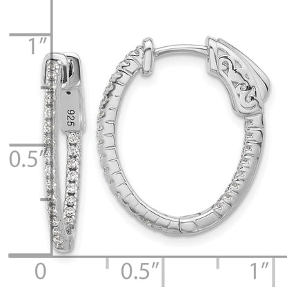 Sterling Silver Rhodium-Plated CZ in and Out Hinged Oval Hoop Earrings