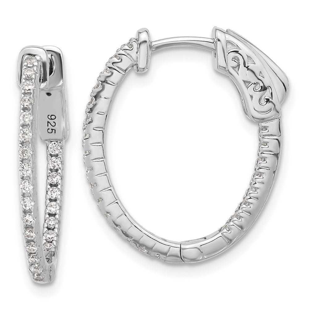 Sterling Silver Rhodium-Plated CZ in and Out Hinged Oval Hoop Earrings