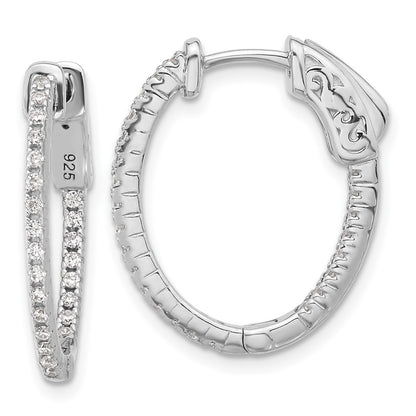 Sterling Silver Rhodium-Plated CZ in and Out Hinged Oval Hoop Earrings