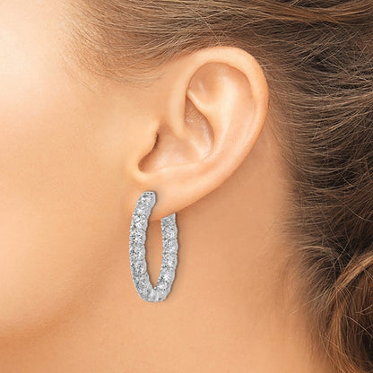 Sterling Silver Rhodium-Plated CZ in and Out Oval Hinged Hoop Earrings