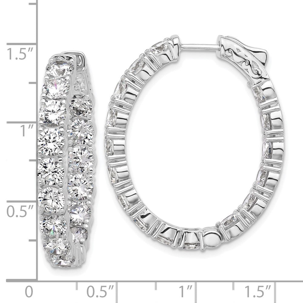 Sterling Silver Rhodium-Plated CZ in and Out Oval Hinged Hoop Earrings