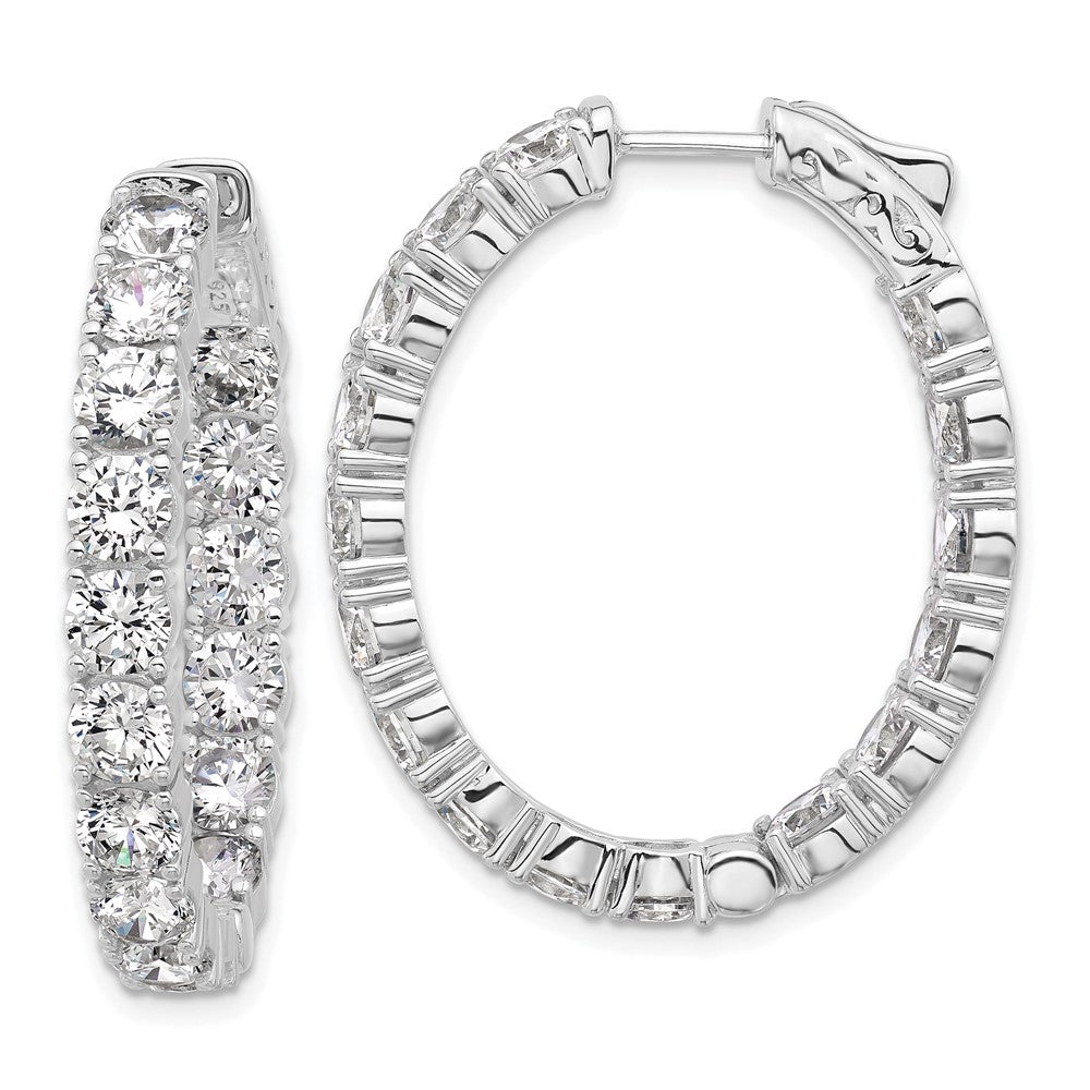 Sterling Silver Rhodium-Plated CZ in and Out Oval Hinged Hoop Earrings