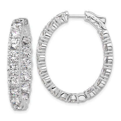 Sterling Silver Rhodium-Plated CZ in and Out Oval Hinged Hoop Earrings