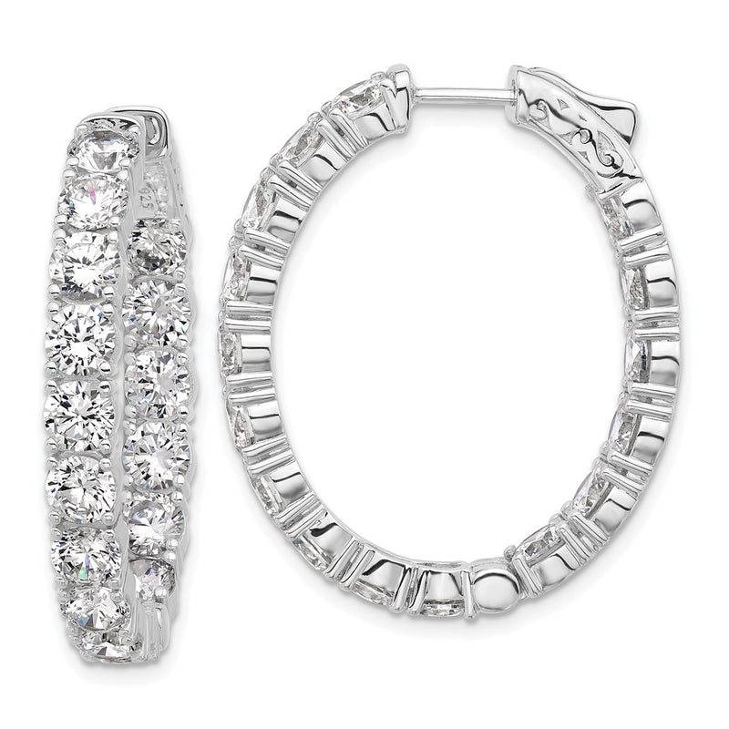Sterling Silver Rhodium-Plated CZ in and Out Oval Hinged Hoop Earrings