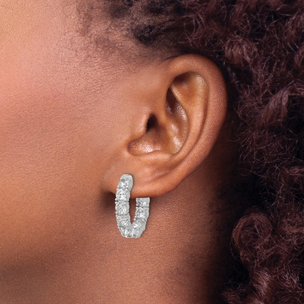 Sterling Silver Rhodium-Plated CZ in and Out Oval Hinged Hoop Earrings