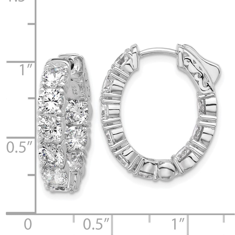Sterling Silver Rhodium-Plated CZ in and Out Oval Hinged Hoop Earrings
