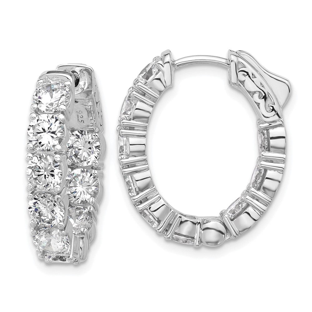Sterling Silver Rhodium-Plated CZ in and Out Oval Hinged Hoop Earrings