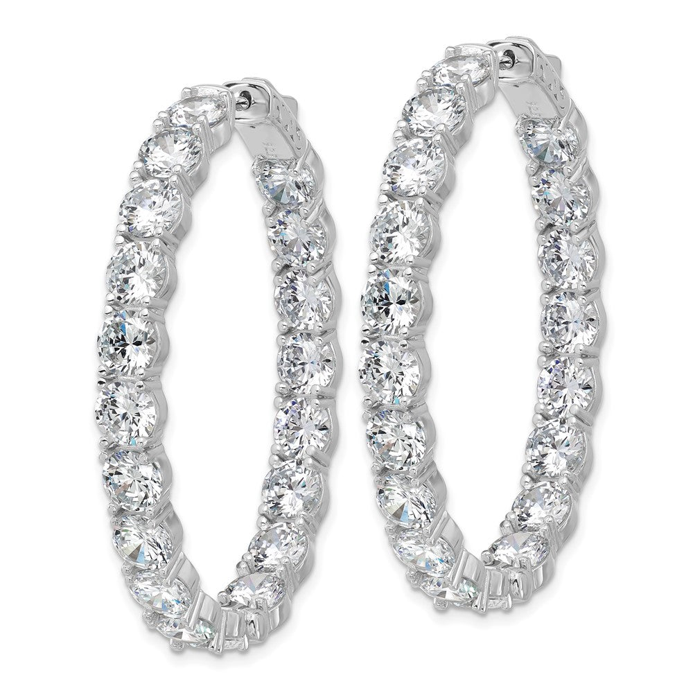 Sterling Silver Rhodium-Plated CZ in and Out Oval Hinged Hoop Earrings