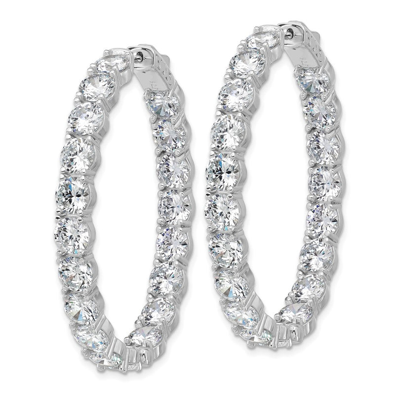 Sterling Silver Rhodium-Plated CZ in and Out Oval Hinged Hoop Earrings
