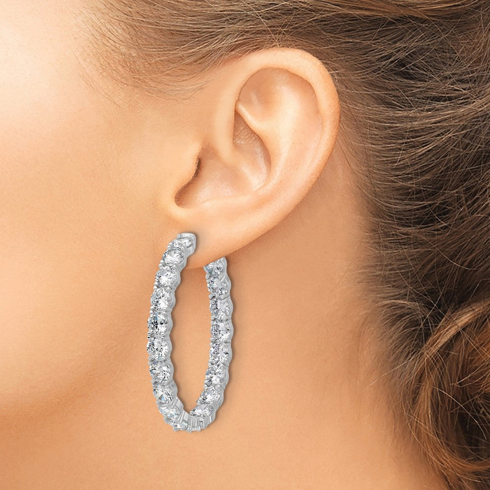 Sterling Silver Rhodium-Plated CZ in and Out Oval Hinged Hoop Earrings