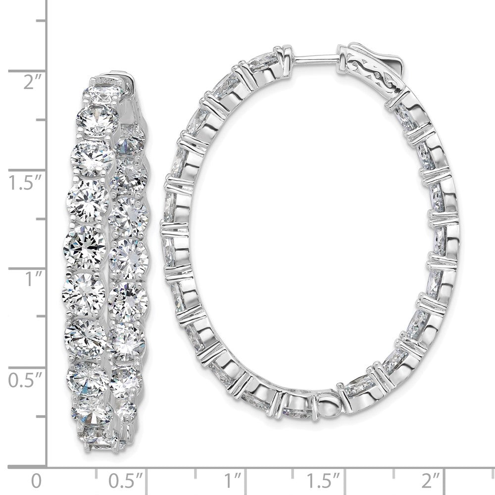 Sterling Silver Rhodium-Plated CZ in and Out Oval Hinged Hoop Earrings
