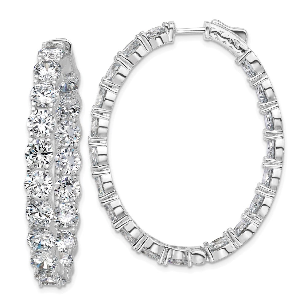 Sterling Silver Rhodium-Plated CZ in and Out Oval Hinged Hoop Earrings