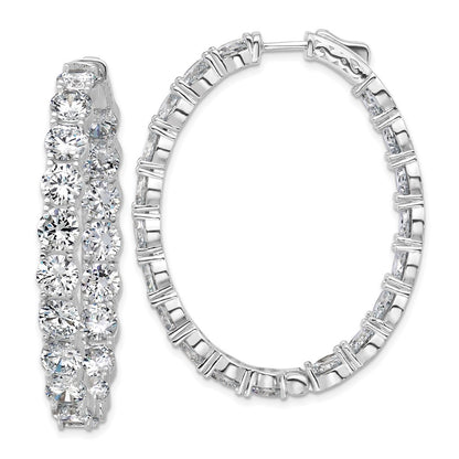 Sterling Silver Rhodium-Plated CZ in and Out Oval Hinged Hoop Earrings