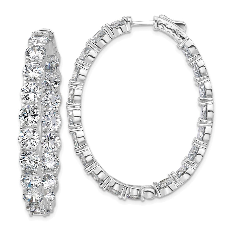 Sterling Silver Rhodium-Plated CZ in and Out Oval Hinged Hoop Earrings