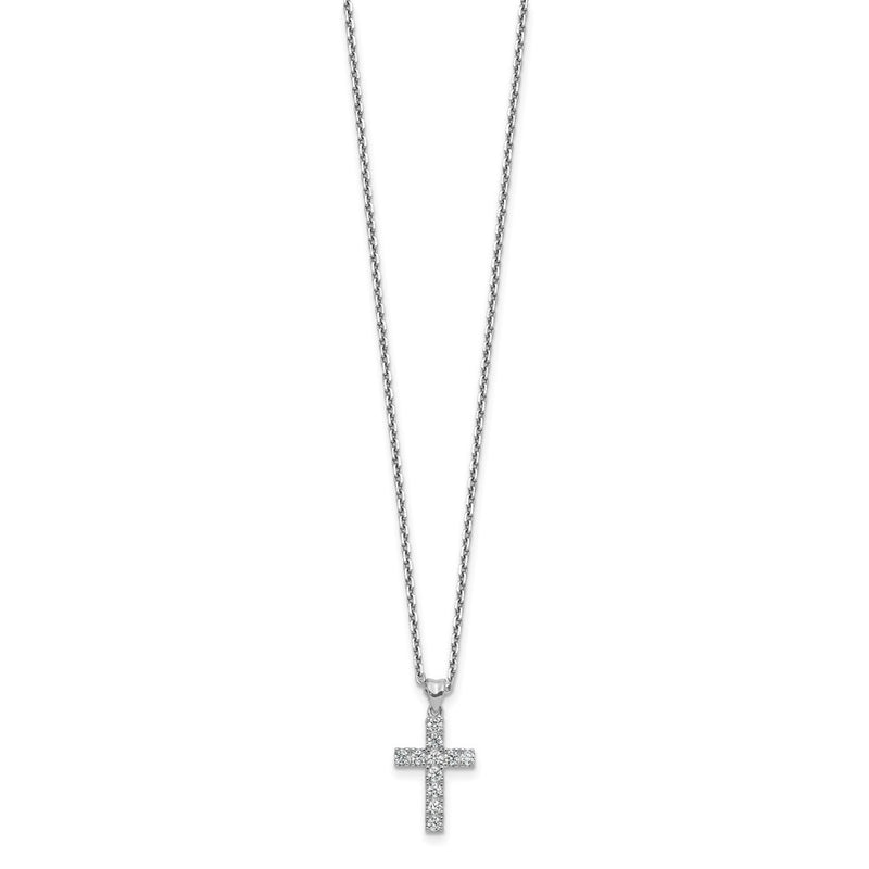 Sterling Silver Rhodium-Plated CZ 16in w/2in Ext. Cross Necklace