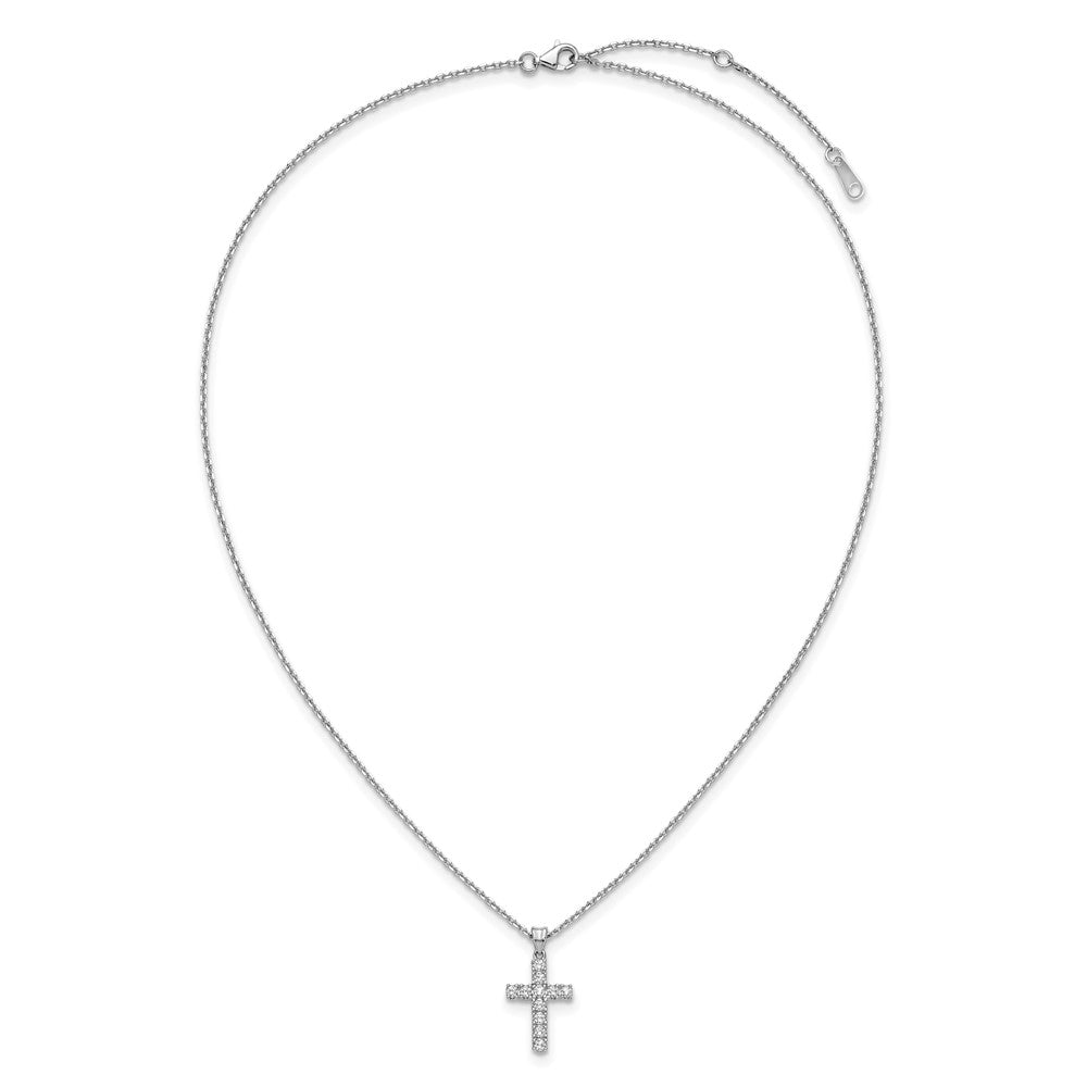 Sterling Silver Rhodium-Plated CZ 16in w/2in Ext. Cross Necklace