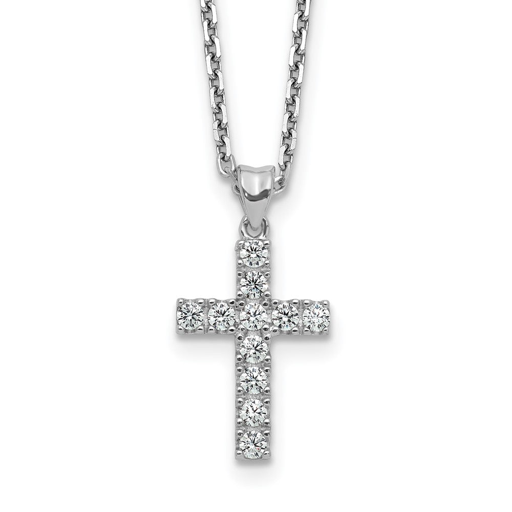Sterling Silver Rhodium-Plated CZ 16in w/2in Ext. Cross Necklace