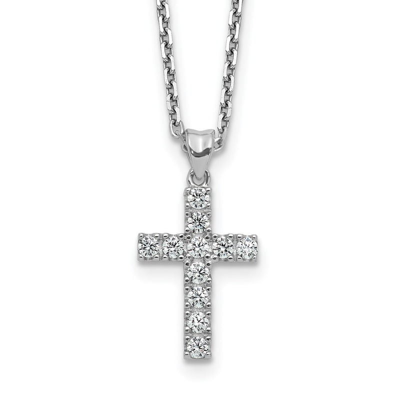 Sterling Silver Rhodium-Plated CZ 16in w/2in Ext. Cross Necklace