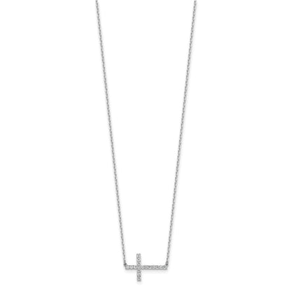 Sterling Silver Rhodium-Plated CZ 16in. w/2in Ext. Sideway Cross Necklace
