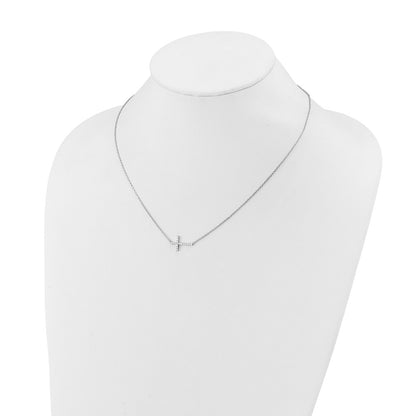 Sterling Silver Rhodium-Plated CZ 16in. w/2in Ext. Sideway Cross Necklace