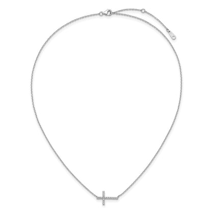 Sterling Silver Rhodium-Plated CZ 16in. w/2in Ext. Sideway Cross Necklace