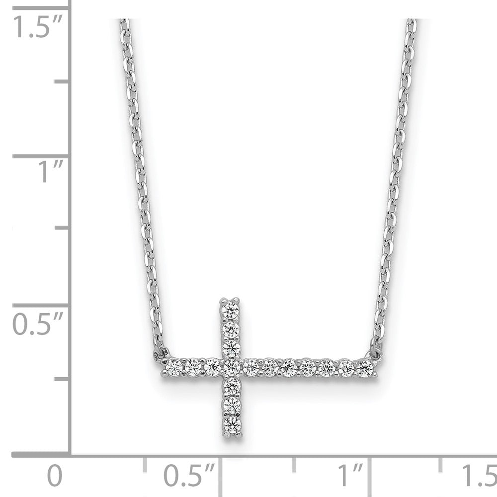 Sterling Silver Rhodium-Plated CZ 16in. w/2in Ext. Sideway Cross Necklace