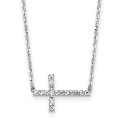 Sterling Silver Rhodium-Plated CZ 16in. w/2in Ext. Sideway Cross Necklace