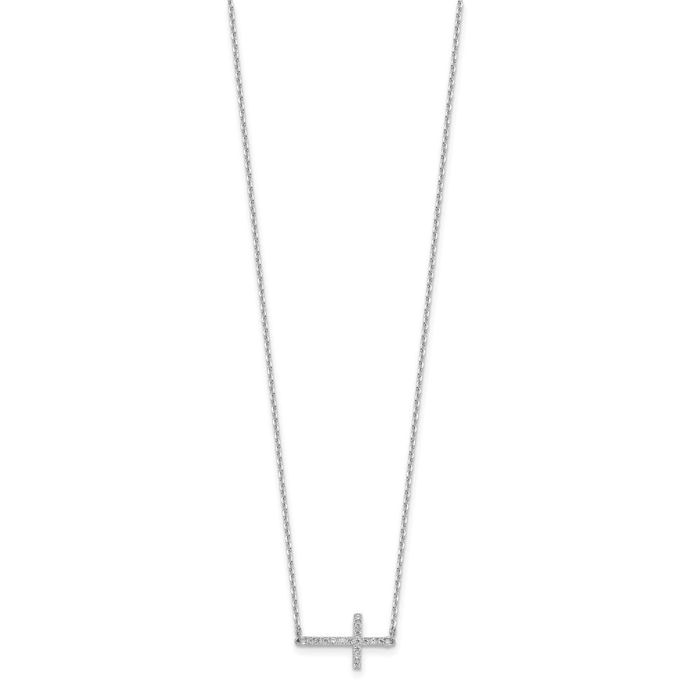 Sterling Silver Rhodium-Plated CZ 16in w/2in Ext. Sideway Cross Necklace