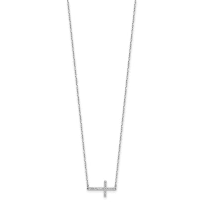 Sterling Silver Rhodium-Plated CZ 16in w/2in Ext. Sideway Cross Necklace
